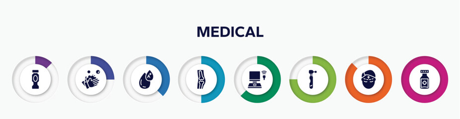 infographic element with medical filled icons. included hydratation, washing hand, type a, orthopedics, ultrasonography, dental drill, forehead, medicine jar vector.