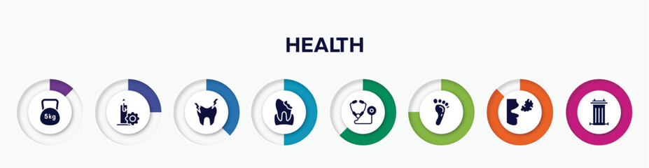 infographic element with health filled icons. included weights, candle flower, hypersensitive, decay, medical stethoscope variant, human footprints, bad breath, recycle bin container vector.