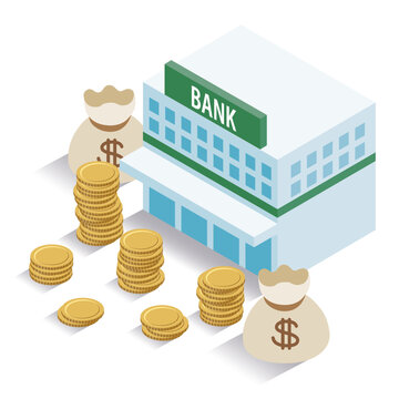 アイソメトリック_立体的で可愛い銀行とお金のイラスト