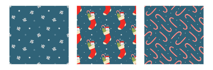 Set, collection of three vector seamless pattern backgrounds with red christmas socks, candy canes and snowflakes.
