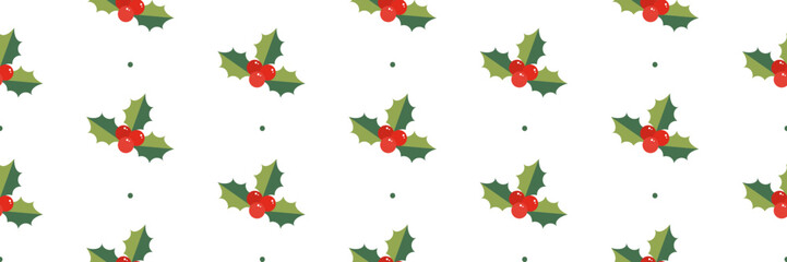 Wide horizontal vector seamless pattern background for Christmas design with mistletoe, holly and dots.