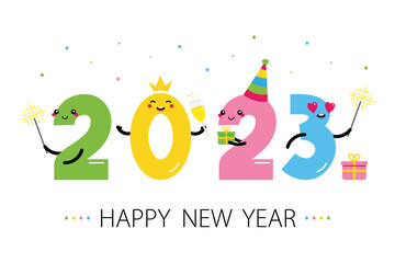 Happy New Year 2023 vector card, illustration with cute cartoon style  numbers characters celebrating, smiling, giving gifts, having fun.
