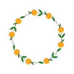 Cute cartoon style vector round, circle frame with orange, mandarin, tangerine fruits and green leaves.
