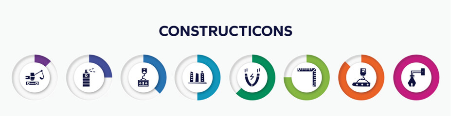 infographic element with constructicons filled icons. included digger, paint spray can, crane holding construction panel, building hand drawn tower, inclined magnet, angle ruler, crane hand drawn