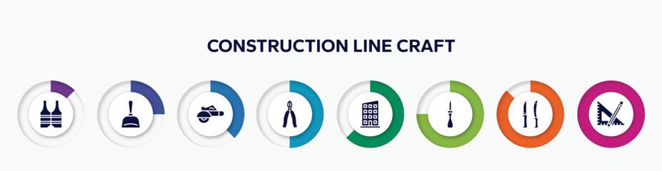 infographic element with construction line craft filled icons. included reflective vest, dustpan, electric saw, big pliers, rectangles, wood lino cutter, knives, ruler and pencil vector.