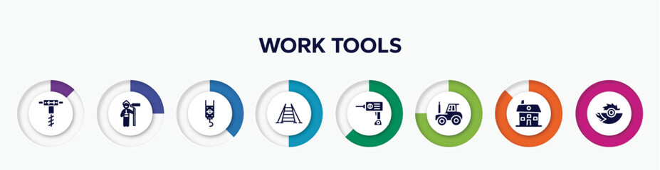 infographic element with work tools filled icons. included pickaxes drilling, man painting, pulley hook, double ladder, hine drill, tractor side view, house hand drawn building, saw half cogwheel