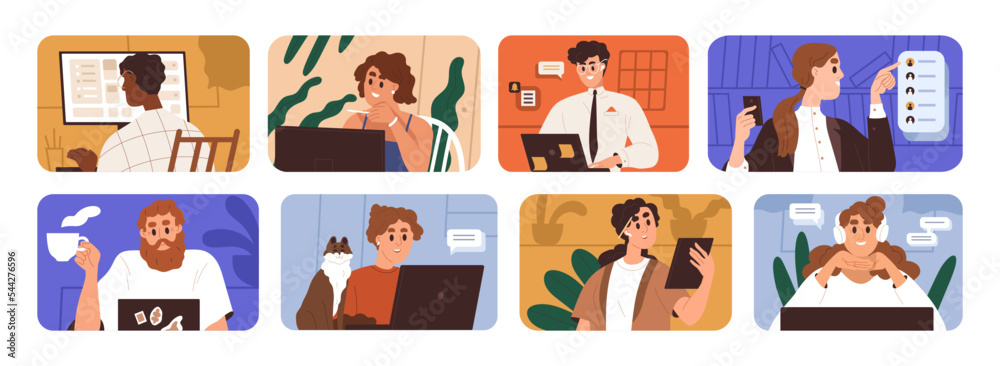 Poster People work online at computers, laptops, PC set. Office and remote workers during communication through internet. E-business concept. Flat graphic vector illustrations isolated on white background