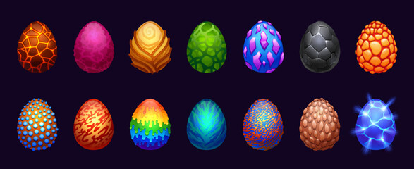 Cartoon fantasy eggs. Magic dragon reptile eggshell for game asset, fairy mythological monster glossy crystal GUI design template. Vector isolated set