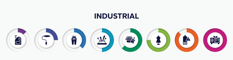 Obraz premium infographic element with industrial filled icons. included engine oil, painted, jumpsuit, needle holder, varnish, tailor, empty battery, green power vector.