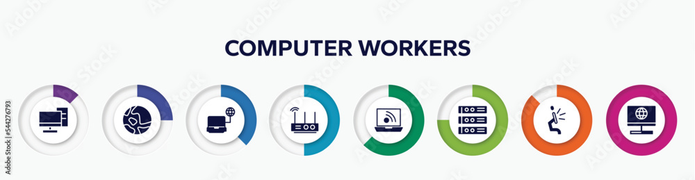 Poster infographic element with computer workers filled icons. included server from client, map, computer c