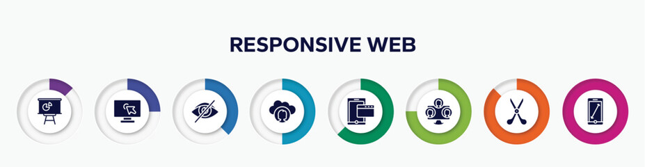 infographic element with responsive web filled icons. included statistics presentation, computer screen with arrow, visibility off, cloud computing user, tablet phone and browser, three users,
