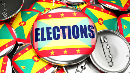 Fototapeta premium Grenada and Elections - dozens of pinback buttons with a flag of Grenada and a word Elections. 3d render symbolizing upcoming Elections in this country.,3d illustration