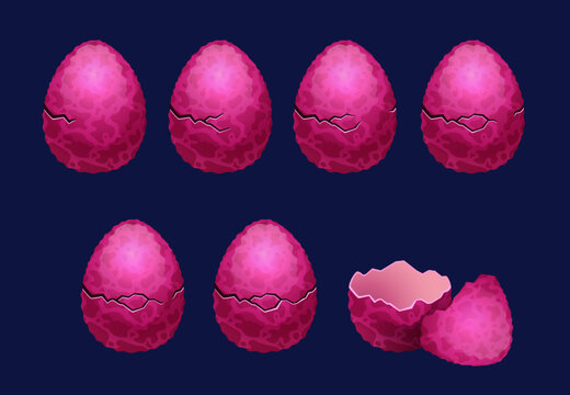 Dragon Egg Animation. Cartoon Magic Fantasy Elements Cracked Broken Shell UI Game Assets, Dino Baby Birth Eggshell GUI Sprite Graphic. Vector Set