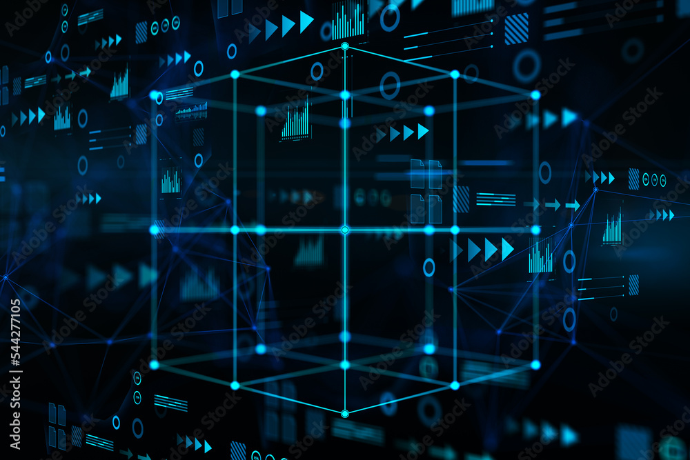Poster Financial data concept with digital graphic cube made by blue glowing arrows surrounded by graphs and circles on dark background. 3D rendering