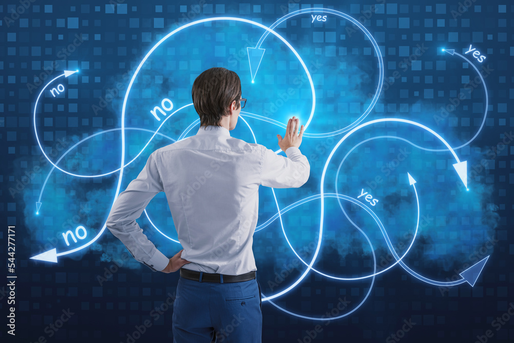 Poster back view of young european businessman using hud screen with various digital arrows on blue pixel b
