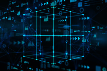 Financial data concept with digital graphic cube made by blue glowing arrows surrounded by graphs and circles on dark background. 3D rendering