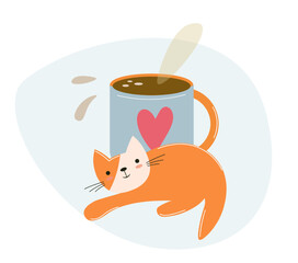 Red cat and coffee mug. Vector isolated doodle composition. Hand drawn cup of tea for a kitten on a white background. Cartoon clip art with a cute design. Modern flat style