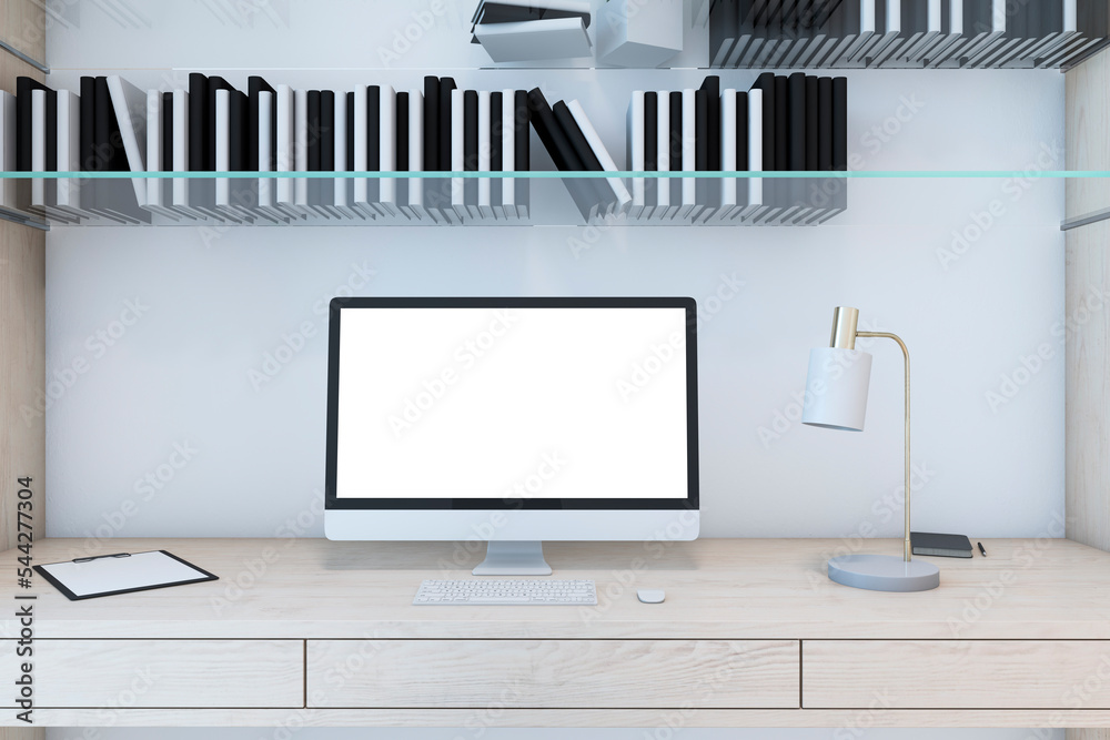 Poster close up of designer desk with empty computer screen, bookshelves, supplies and light wall backgroun