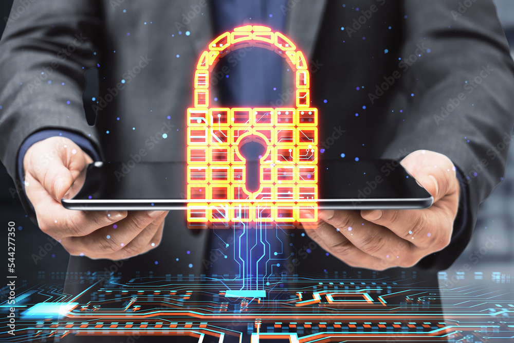 Aufkleber Cyber security and internet protection concept with digital padlock with keyhole inside and circuit on man with tablet background, double exposure