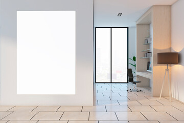Modern hallway to office interior with mock up banner on light wall, tile floor, window with city view and furniture. 3D Rendering.