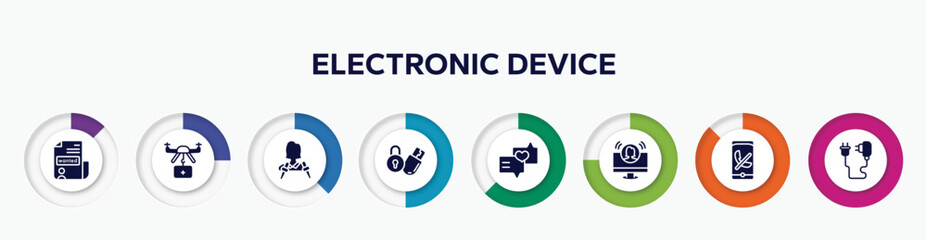 infographic element with electronic device filled icons. included wanted, medical assistance, journalist, locking, love message, teleconference, missed call, phone charger vector.