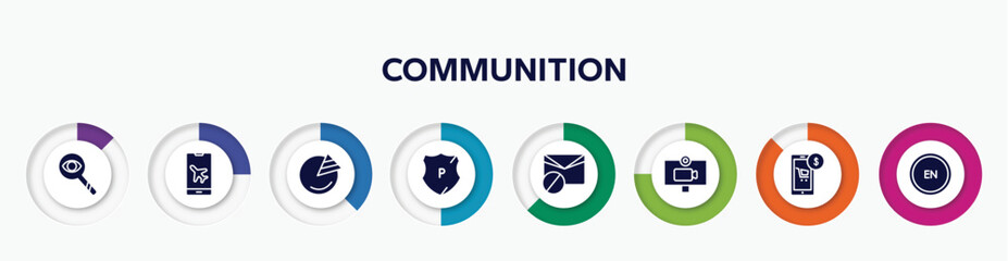 infographic element with communition filled icons. included observation, airplane mode, pie graph, police shield, spam, video chat, mobile store, english language vector.