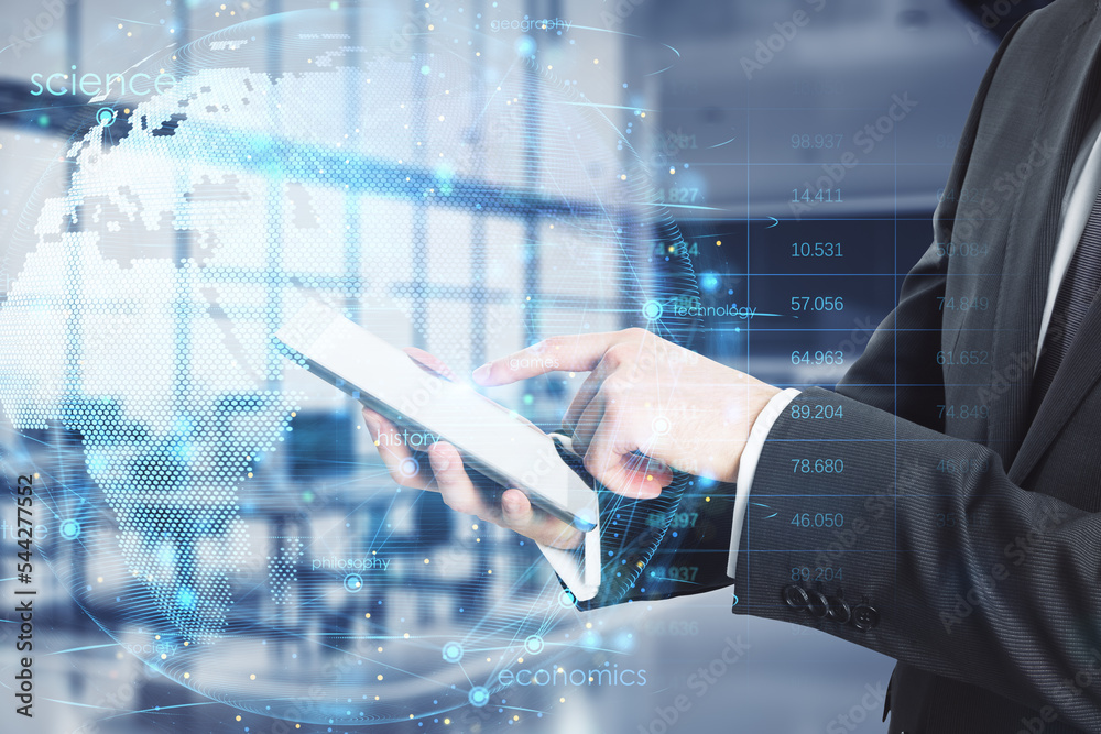 Poster businessman hands using cellphone with glowing planet earth globe hologram with polygonal points on blurry office interior background. 