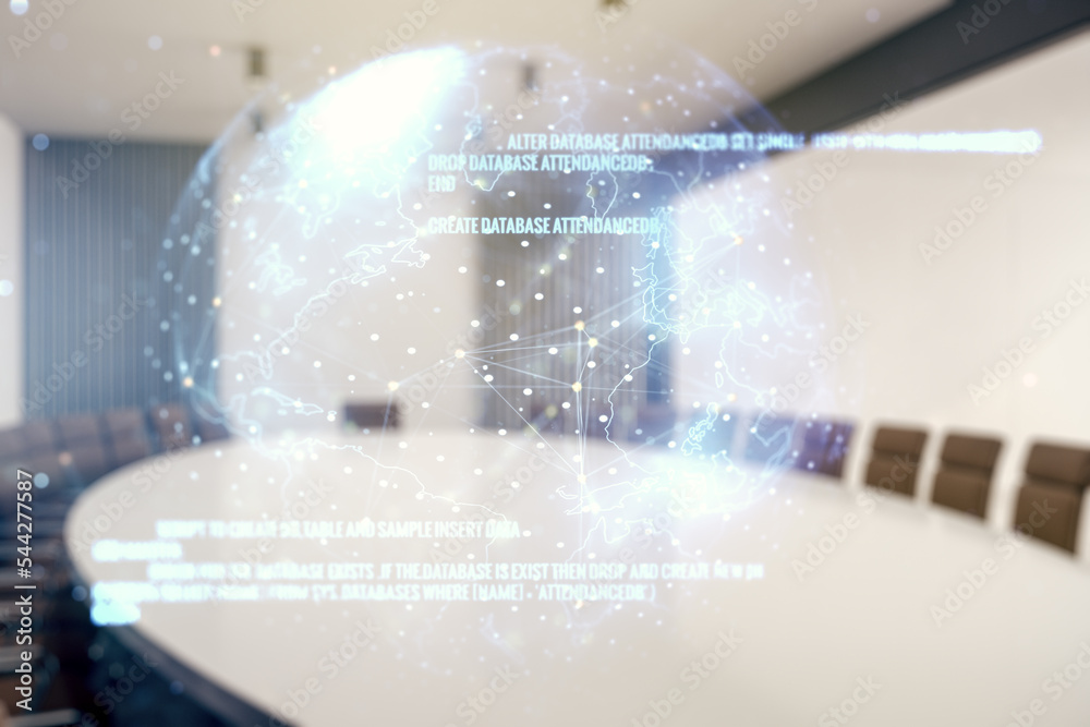 Aufkleber multi exposure of abstract creative coding sketch and world map on a modern conference room backgrou