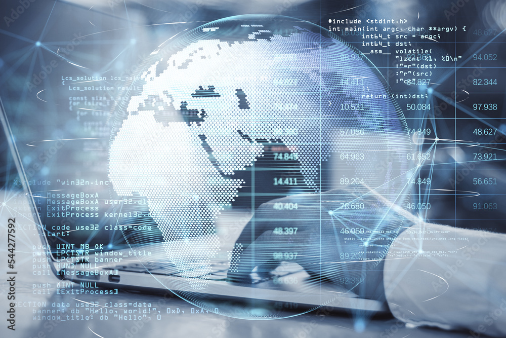 Aufkleber hands using laptop on desktop with glowing planet earth globe hologram with polygonal points on blur