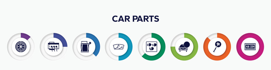 infographic element with car parts filled icons. included car spare wheel, car demister, petrol tank, windscreen, dashboard, lock, crank, numberplate vector.