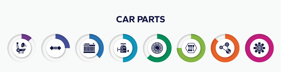 infographic element with car parts filled icons. included car air bag, car indicator, radiator, carburettor, bearing, gearbox, fan belt, sprocket vector.