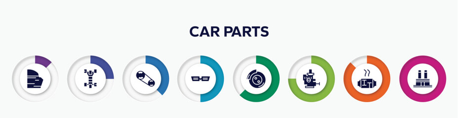 infographic element with car parts filled icons. included car trim, car chassis, camshaft, grille or radiator grille, disc brake, choke, catalytic converter, distributor cap vector.