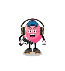 Character mascot of strawberry juice doing shooting range