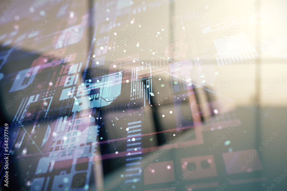 Fototapete Double exposure of abstract programming language interface on a modern meeting room background, research and development concept