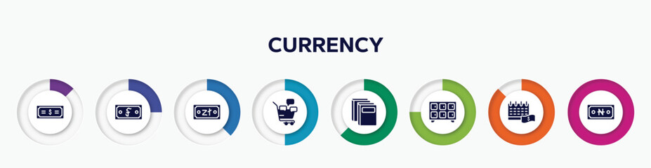 infographic element with currency filled icons. included dollars, riel, zloty, social marketing, binder, lockers, pay day, naira vector.