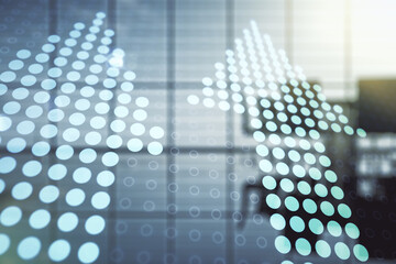 Virtual upward arrows illustration on a modern conference room background. Breakthrough and progress concept. Multiexposure