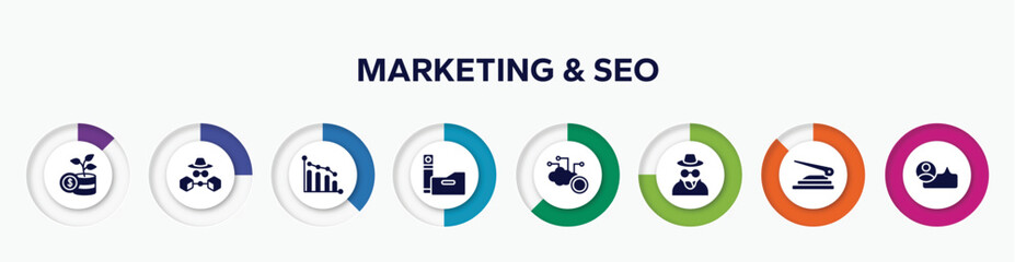 infographic element with marketing & seo filled icons. included invest, annonymous, low performance, folders, netoworking, spy, puncher, viral marketing vector.