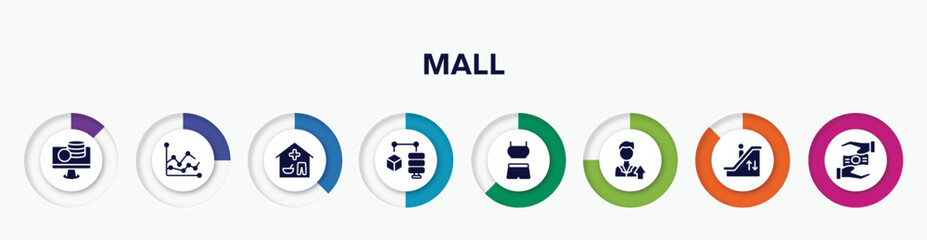 infographic element with mall filled icons. included online money, graph line, basic needs, data mining, sport clothes, high, mechanic stairs, crowdfunding vector.