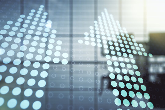 Virtual upward arrows illustration on a modern conference room background. Breakthrough and progress concept. Multiexposure