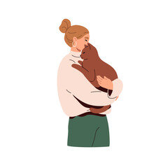 Happy cat owner, woman holding cute kitty, purring in arms, hands. Young girl hugging, cuddling big feline animal. Love between person and pet. Flat vector illustration isolated on white background