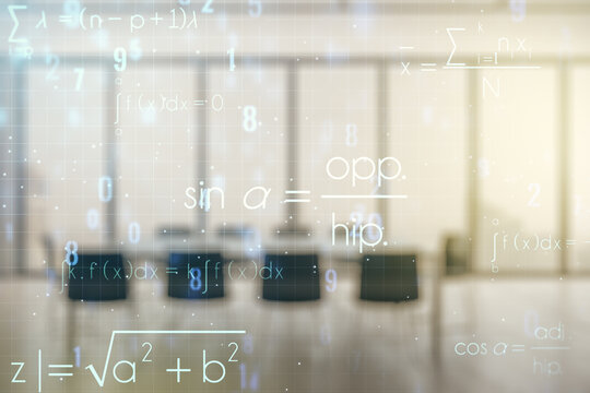 Scientific formula illustration on a modern coworking room background, science and research concept. Multiexposure