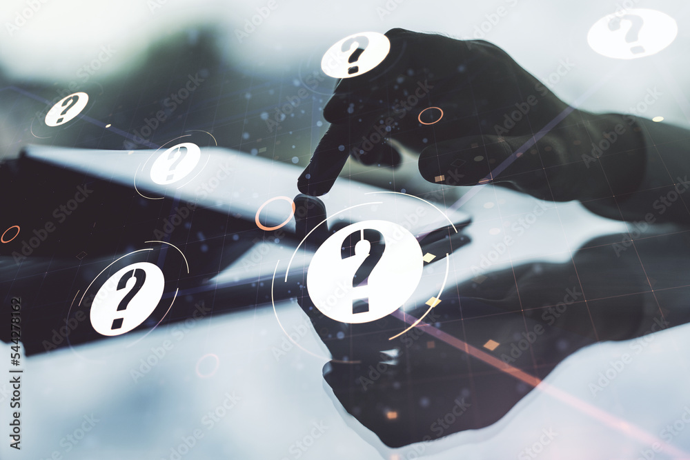 Aufkleber creative concept of question mark illustration and finger clicks on a digital tablet on background. 