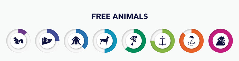 infographic element with free animals filled icons. included sitting squirrell, chameleon head, dog kennel, big dog, chewing bone for dog, boat anchor, poisonous cobra, chiken head vector.