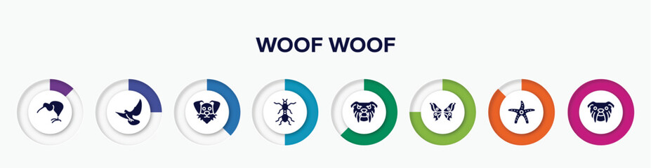 infographic element with woof woof filled icons. included kiwi eating, flying dove, funny dog head, red ant, angry bulldog face, butterfly wings, starfish with dots, bulldog head vector.