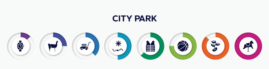 infographic element with city park filled icons. included wristwatch, llama, lawn mower, sunbathing, lifejacket, basketball ball, beans, rocking horse vector.