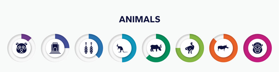 infographic element with animals filled icons. included panda, monument, earrings, kangaroo, moose, ostrich, rhino, gorilla vector.