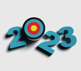 2023 Happy new year card archery target. 3d rendering illustration.
