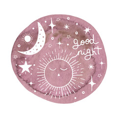 Brown watercolor stain with stars. Space element for design of social networks, posts, stories, sublimations. Design of covers, emblems, avatars. Topic: space, astronomy, astrology