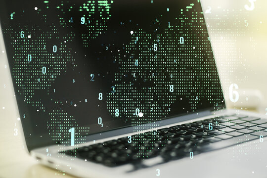 Abstract creative coding illustration with world map on modern computer background, international software development concept. Multiexposure