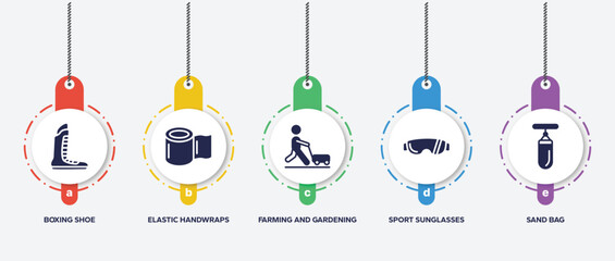 infographic element template with thai boxing filled icons such as boxing shoe, elastic handwraps, farming and gardening, sport sunglasses, sand bag vector.